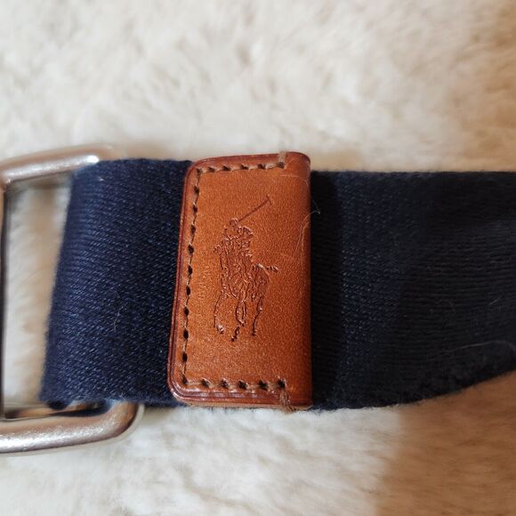 Polo Ralph Lauren Adjustable Belt Navy Blue Cloth Leather Trim Measures 38" Golf - Picture 4 of 6